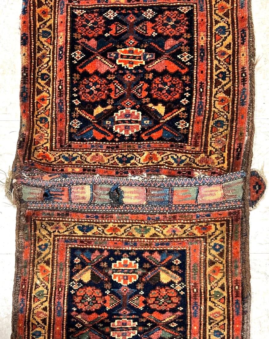 Hand-Knotted Antique Persian Farahan Tribal Double Saddle Bag Wool Rug 1'9" x 4'3" - 5