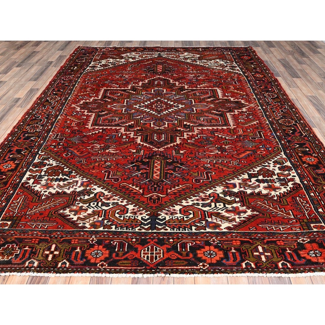 Crimson Red, Hand Knotted, Vintage Persian Heriz, Pure Wool Rug - 2