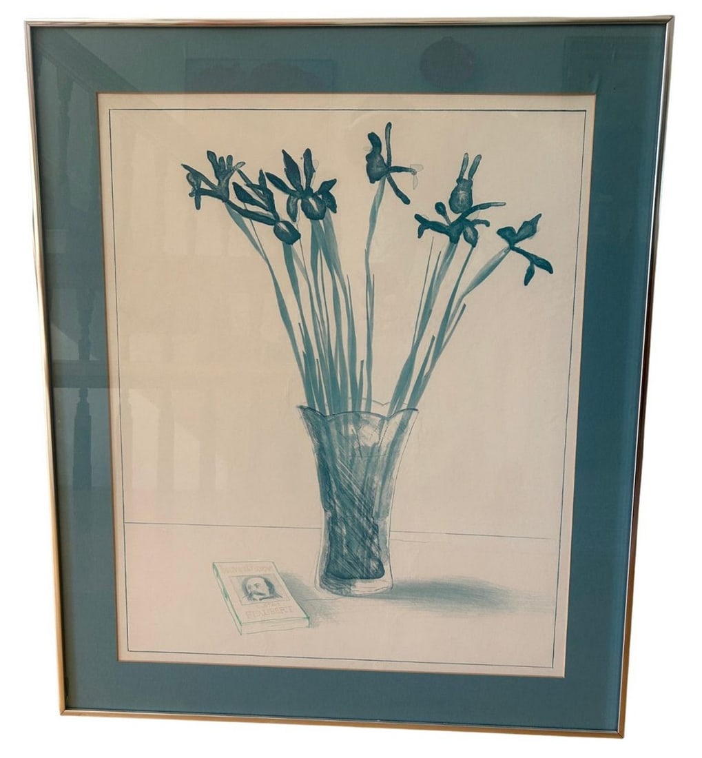 David Hockney (British, b. 1937) Still Life with Book, Photo Offset Reproduction: This striking offset reproduction by David Hockney, created in 1973, features a vibrant still life with stylized flowers in a vase alongside a copy of Gustave Flaubert's "Bouvard &