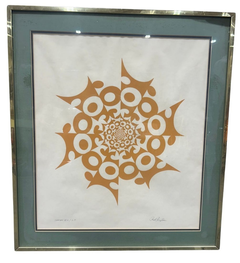Chuck Inglee Op Art Print, "Series II A/A.P.": An original Op Art print by Chuck Inglee, titled "Series II A/A.P." This piece features a striking design of repeating organic and geometric shapes in a warm orange hue, creating a captivating optical