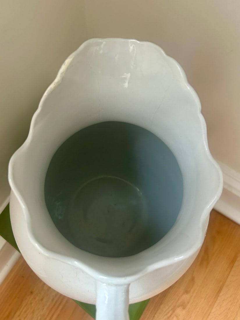 Early 20th Century Bone White Ceramic Pitcher with Scalloped Rim, Marked "Virginia" - 3