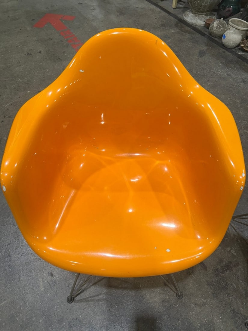 Pair of Mid-Century Modern Orange Fiberglass Armchairs with Wire Bases after Herman Miller - 3