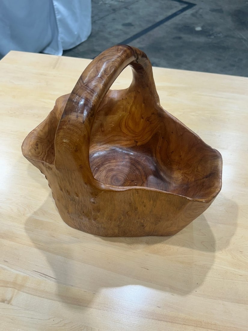 Hand-Carved Live Edge Burl Wood Basket / Bowl with Handle - 2