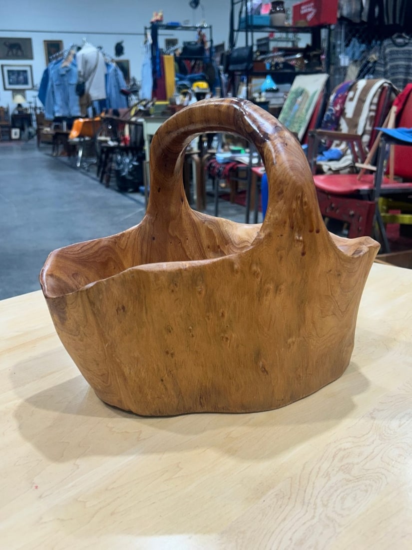 Hand-Carved Live Edge Burl Wood Basket / Bowl with Handle - 3