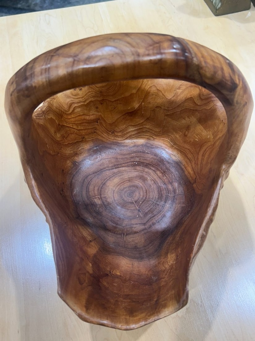 Hand-Carved Live Edge Burl Wood Basket / Bowl with Handle - 4