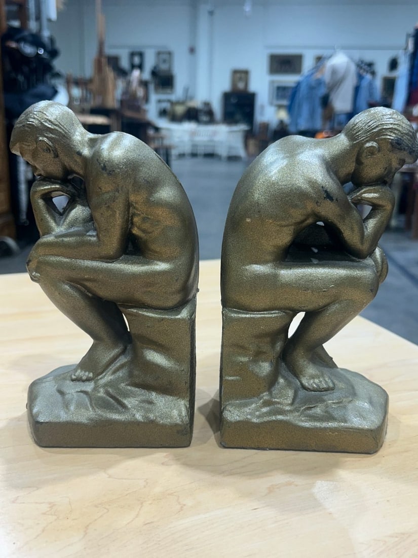 Pair of "The Thinker" Style Cast Metal Bookends - 2