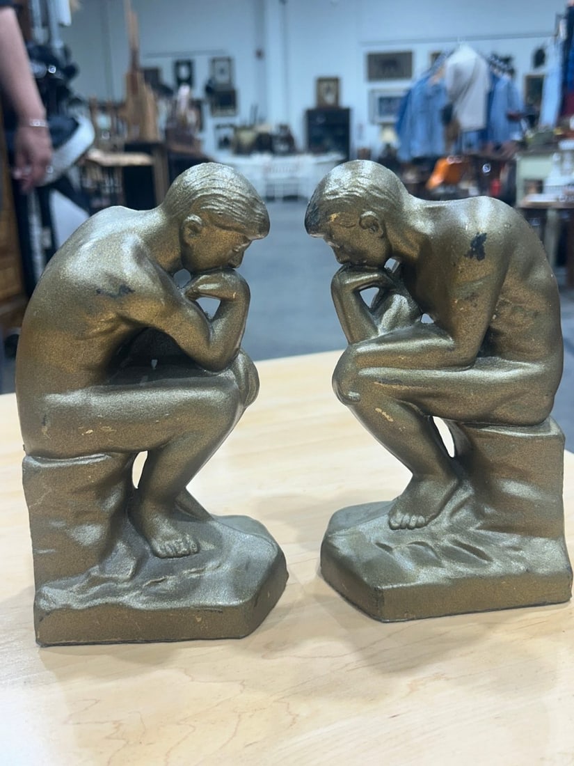 Pair of "The Thinker" Style Cast Metal Bookends - 4