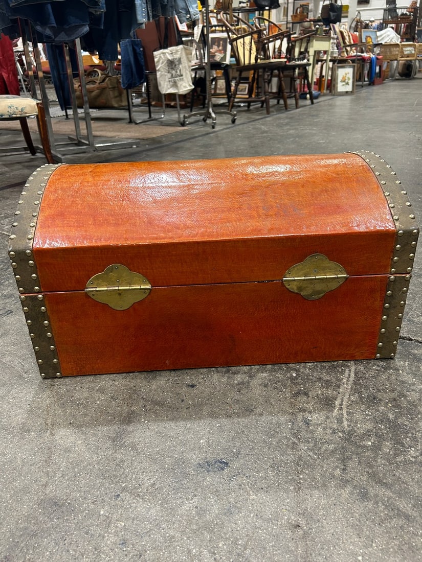 Vintage Asian-Style Faux Leather and Brass Trunk - 2