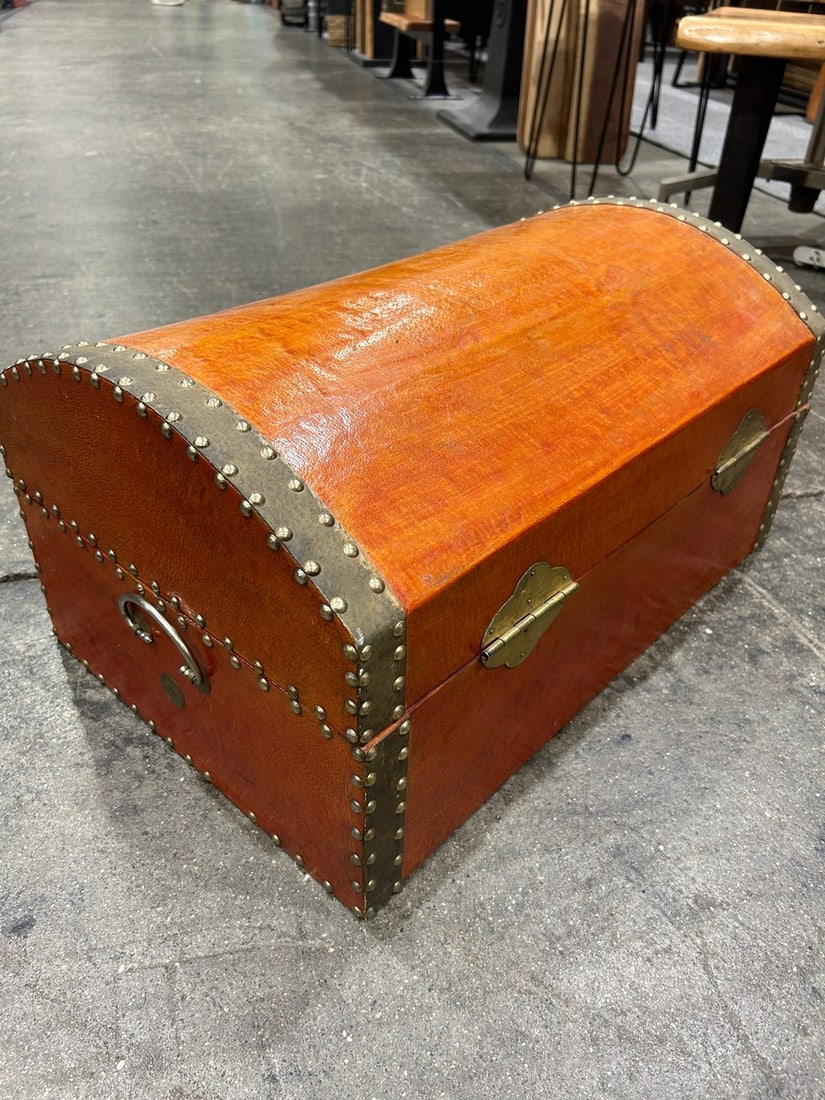 Vintage Asian-Style Faux Leather and Brass Trunk - 3