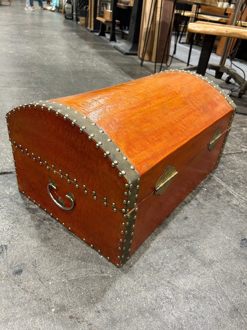 Vintage Asian-Style Faux Leather and Brass Trunk - 4