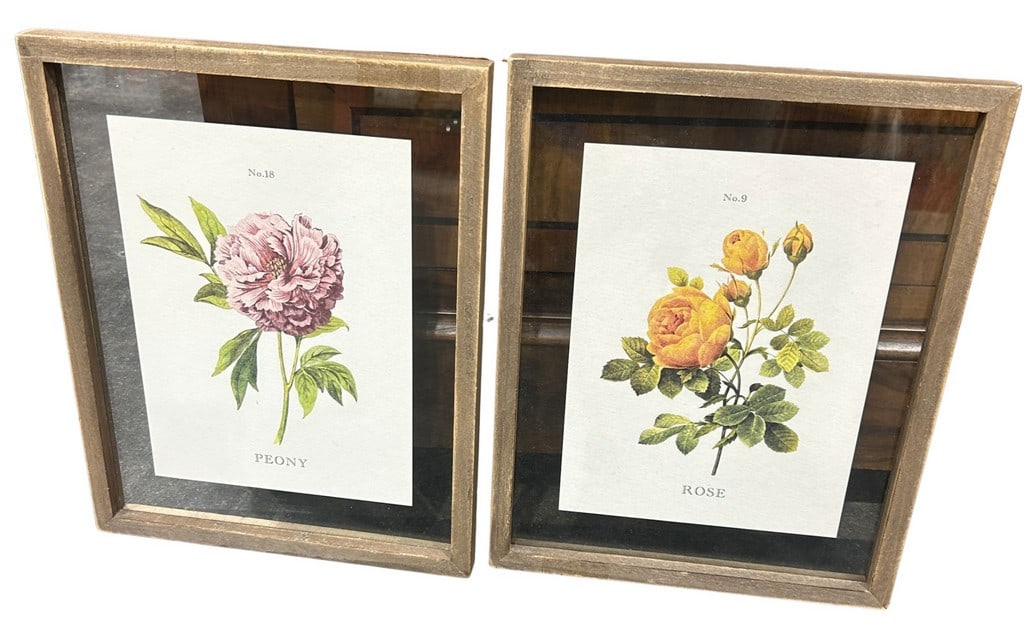 Pair of Framed Botanical Prints: Rose and Peony: This lot features a pair of botanical prints, each housed in a rustic wooden frame with a distressed finish. One print depicts a yellow rose, labeled "ROSE No. 9", and the other illustrates a pink