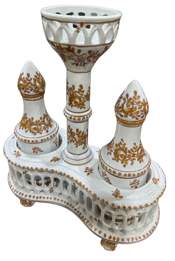 Italian Faience-Style Reticulated Centerpiece with Two Cruets: This elegant Faience-esque centerpiece made in Italy features a white glazed ceramic with delicate reticulated (pierced) borders and hand-painted floral motifs in a warm, sepia-toned brown. The piece