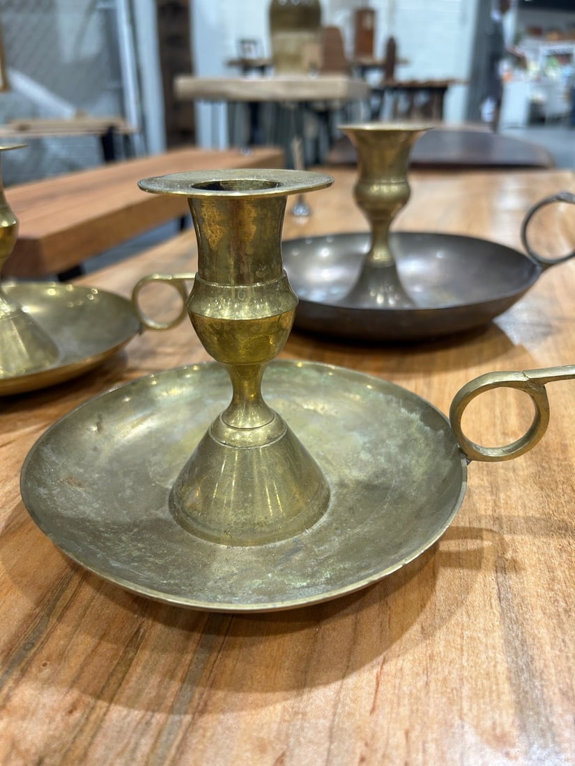 Set of Three Vintage Brass Handled Chamber Candlesticks - 2