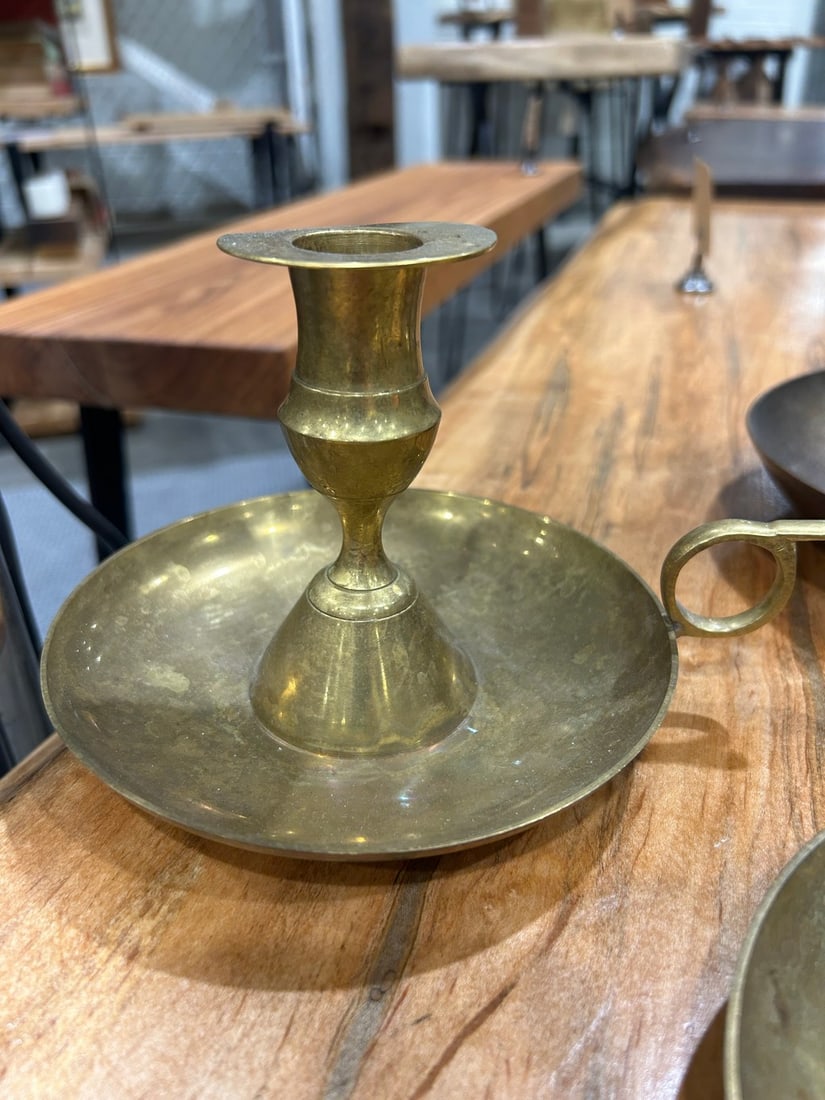 Set of Three Vintage Brass Handled Chamber Candlesticks - 3