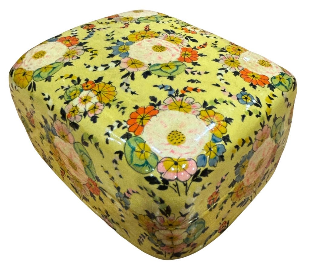Hand-Painted Kashmiri Papier-MÃ¢chÃ© Box: A vibrantly hand-painted papier-mache box from Kashmir, India. The box features a delightful floral motif in white, pink, orange, blue, and yellow against a sunny yellow background. The interior and b