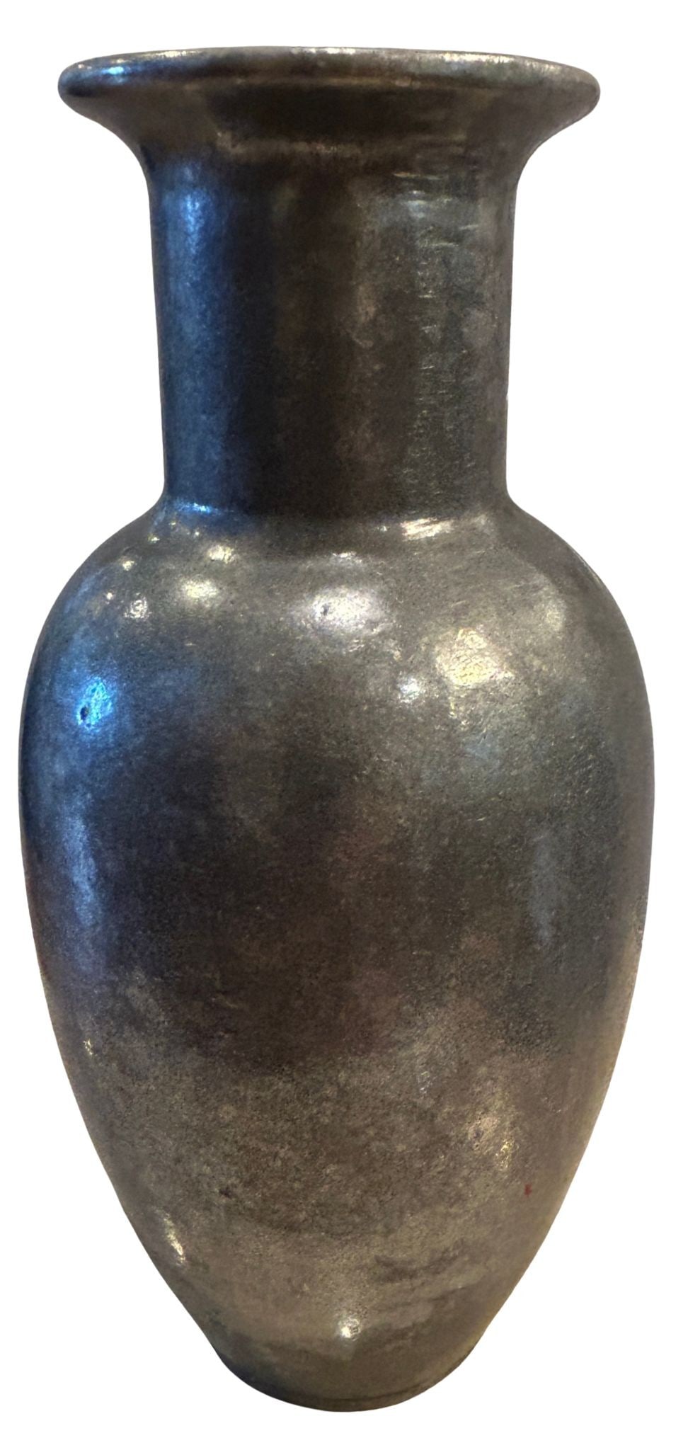 Pewter Baluster-Form Vase: This baluster-form vase is crafted from pewter, featuring a wide-flared rim and a gently tapering body that terminates in a flat circular base. The surface exhibits a characteristic dull silver-gray