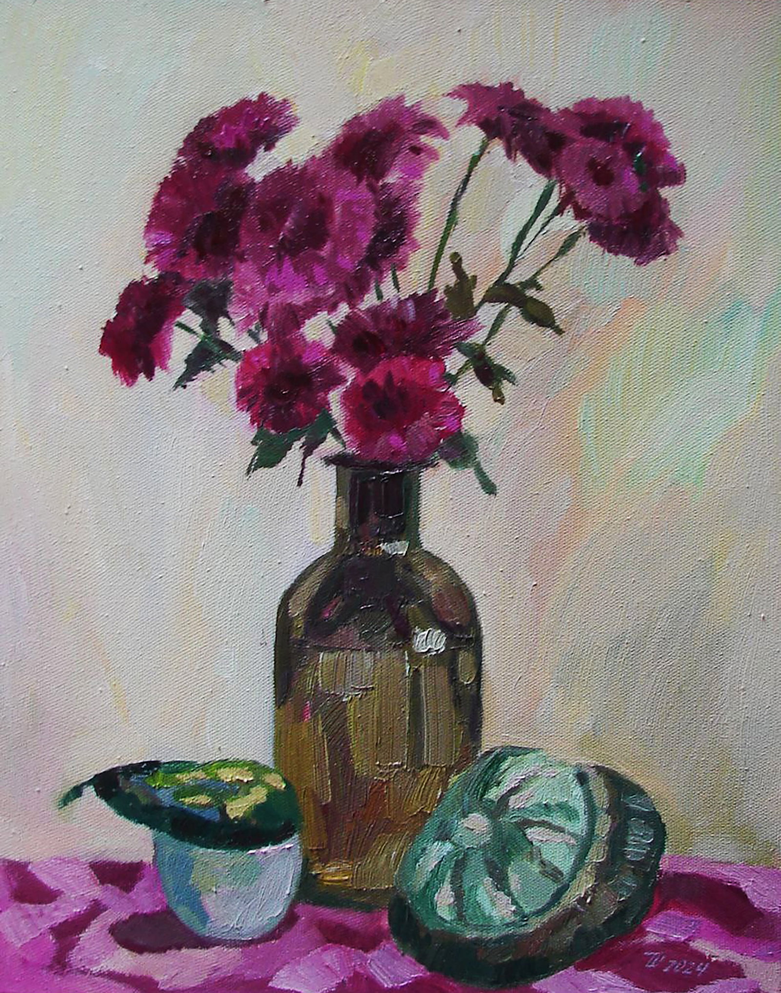 Oil painting Burgundy chrysanthemums Tatyana Shulyak: Title: Oil painting Burgundy chrysanthemums Tatyana Shulyak Description: 64SHUL Painter: Tatyana Shulyak Size: 50x40 cm/19.68x15.74 inches Components: oil, canvas Original painting CONDITION: excellen
