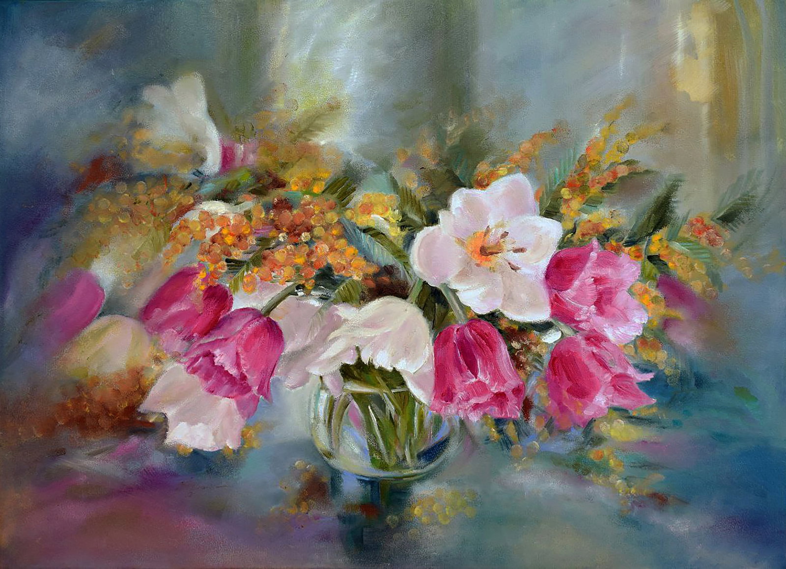 Oil painting Still life with tulips Halyna Babak: Title: Oil painting Still life with tulips Halyna Babak Description: 44BAB Painter: Halyna Babak Size: 50x70 cm/19.68x27.55 inches Components: oil, canvas Original painting CONDITION: excellent