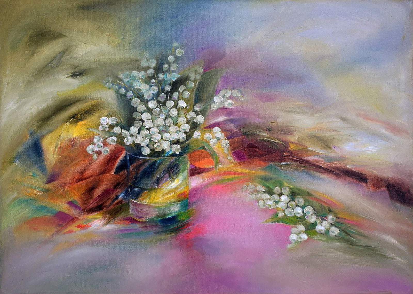 Oil painting Bouquet of lilies of the valley Halyna Babak: Title: Oil painting Bouquet of lilies of the valley Halyna Babak Description: 47BAB Painter: Halyna Babak Size: 50x70 cm/19.68x27.55 inches Components: oil, canvas Original painting CONDITION: