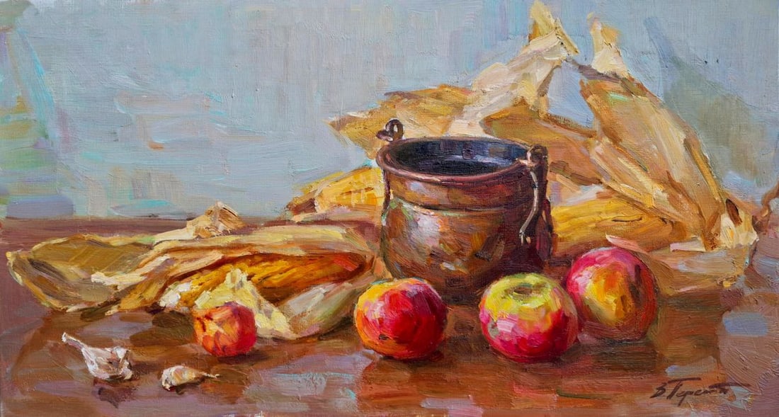 Oil painting The Pot and the Apples Vyacheslav Pereta: Title: Oil painting The Pot and the Apples Vyacheslav Pereta Description: NoTep 170Oil painting The Pot and the Apples Vyacheslav Pereta is a refined still life composition that captures the warmth of