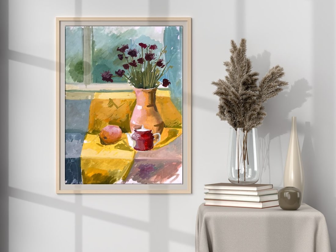 Gouache painting Flowers on the windowsill Unknown artist - 3
