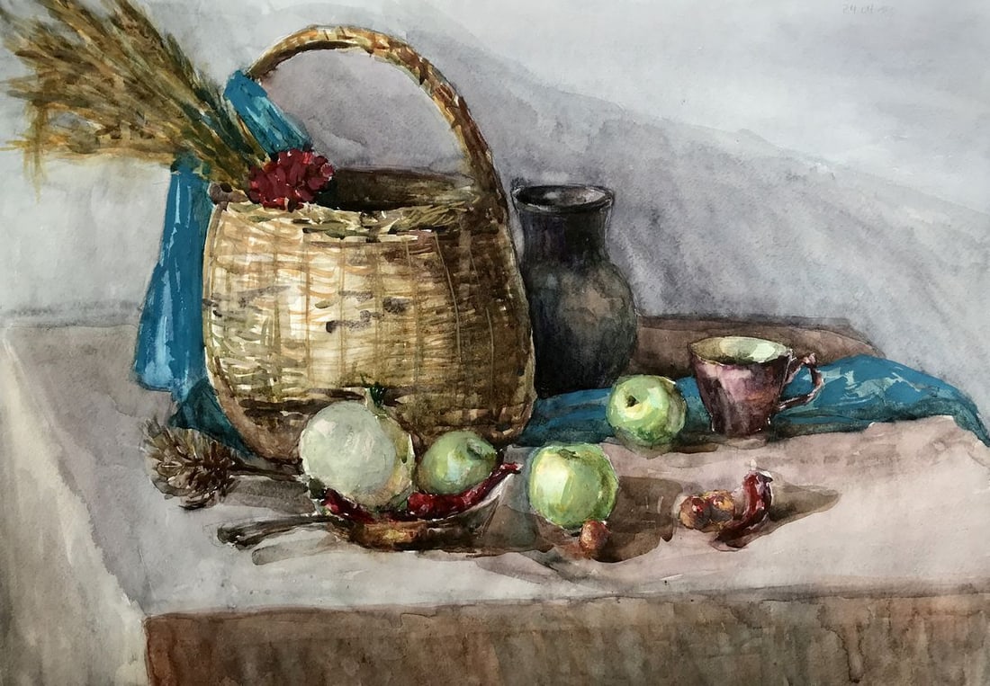 Watercolor painting Gifts of nature Unknown artist: Title: Watercolor painting Gifts of nature Unknown artist Description: NoAAA2756 The painting depicts a charming still life in watercolor. At the center of the picture, we see a cluster of green apple