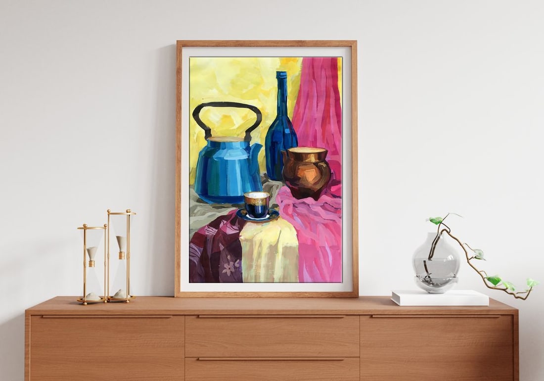 Gouache painting Kettle on the table Unknown artist - 3
