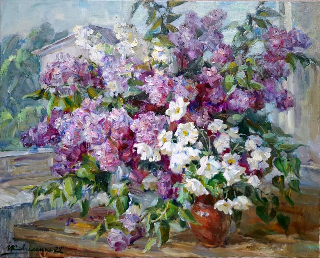 Oil painting purple bouquet Kovalenko Ivan Mikhailovich: Title: Oil painting purple bouquet Kovalenko Ivan Mikhailovich Description: NoKoval 156*** ABOUT THIS PAINTING **** TITLE: "purple bouquet" * ARTISTS: Kovalenko Ivan Mikhailovich* SIZE: 55x70 cm/'21.6