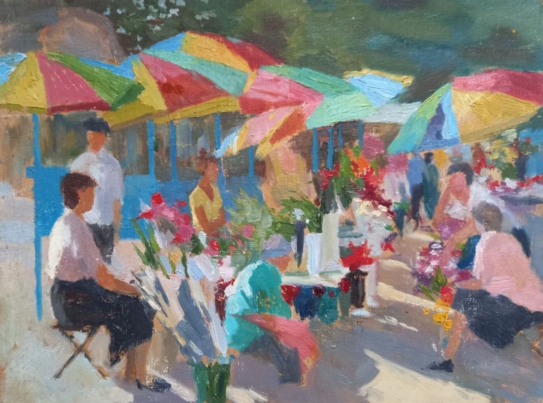 Oil painting Flower row Alex Ditriev: Title: Oil painting Flower row Alex Ditriev Description: 425AD Painter: Alex Ditriev S?ze: 41x31 cm/ 16.14x12.20 inches Components: oil, cardboard Original painting from our collection ERA: Short