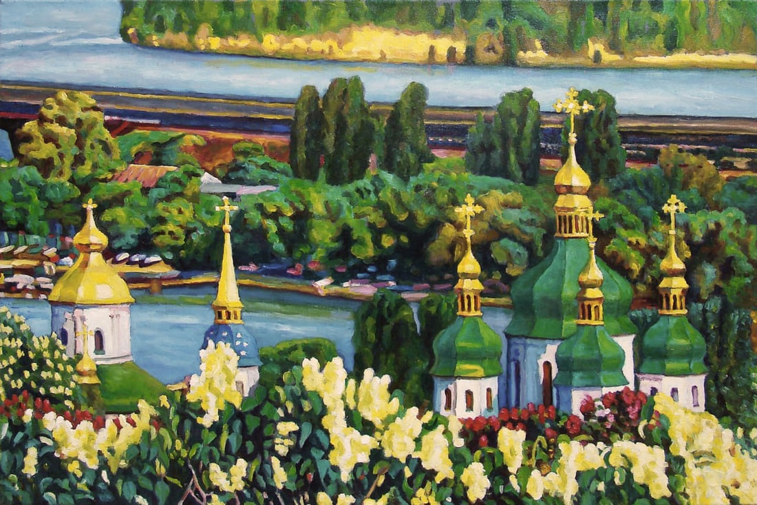 Oil painting . Kyiv. View of the Dnipro River and Vydubytskyi Monastery Valerii B (1 of 9)