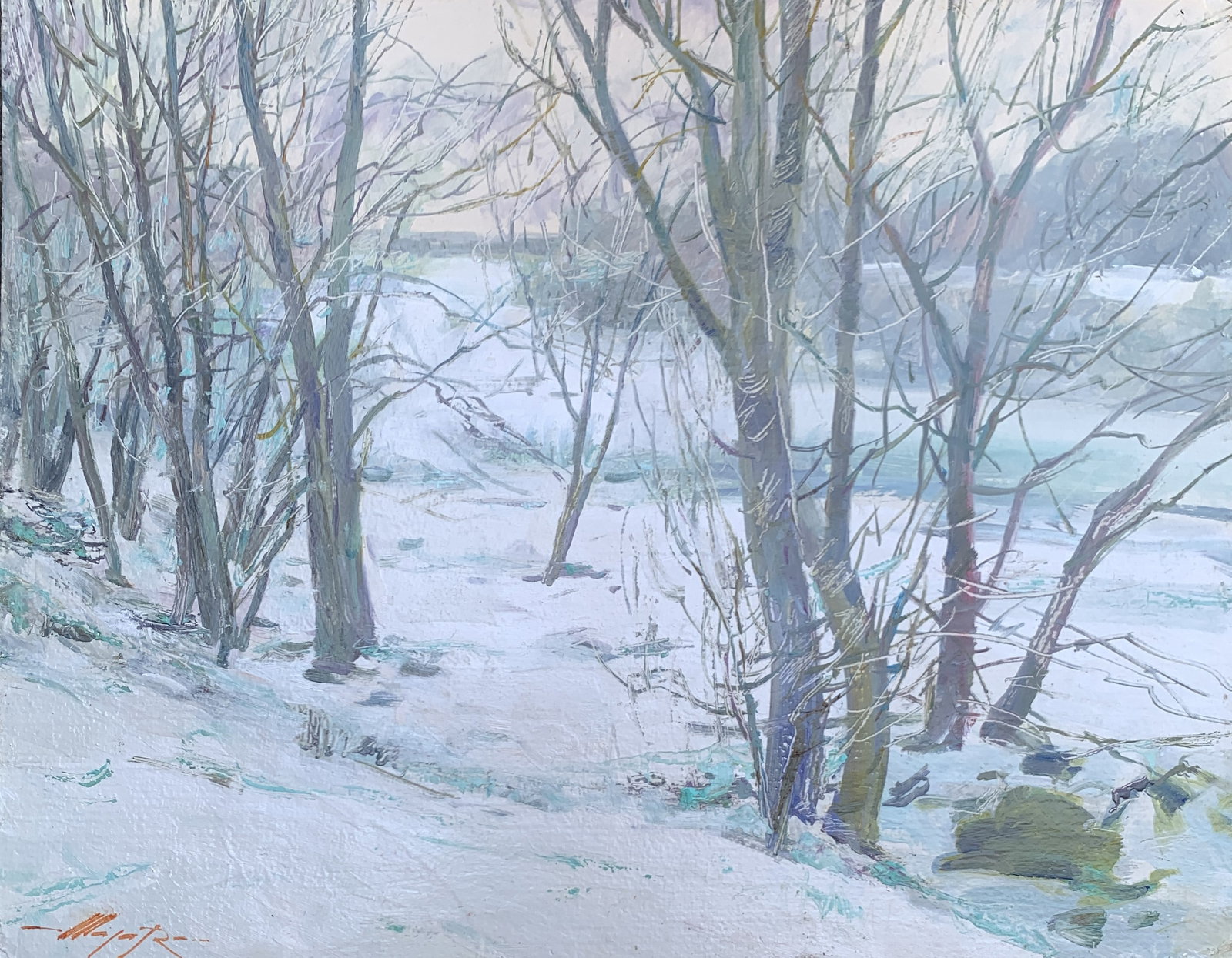 Oil painting Winter forest Oleksandr Oleksandrovich Nazarenko: Title: Oil painting Winter forest Oleksandr Oleksandrovich Nazarenko Description: 75NAA Painter: Oleksandr Nazarenko Size: 40x50 cm/15,75x19,68 inches Components: Oil, cardboard Original painting from