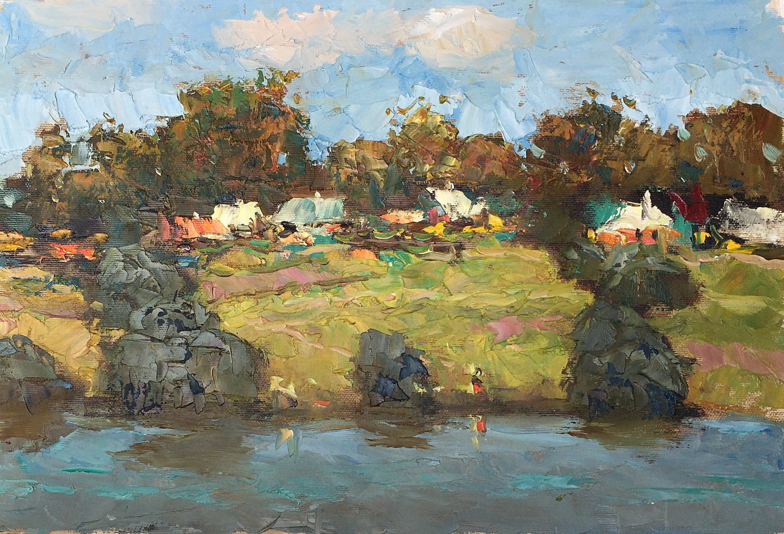 Oil painting Village near the river Sergey Ivanovich Animov: Title: Oil painting Village near the river Sergey Ivanovich Animov Description: 292ALAA Painter: Sergey Ivanovich Animov Size: 27x39 cm/10,63x15,35 inches Components: canvas, oil Original painting fro