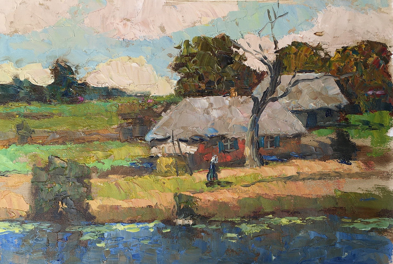 Oil painting Farm over the pond Sergey Ivanovich Animov: Title: Oil painting Farm over the pond Sergey Ivanovich Animov Description: 294ALAA Painter: Sergey Ivanovich Animov Size: 26x38 cm/10,23x14,96 inches Components: canvas, oil Original painting from