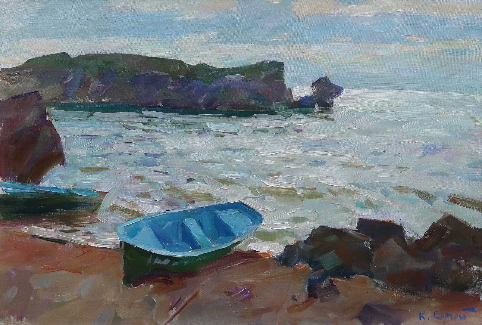 Oil painting Beach Serg Kovalenko: Title: Oil painting Beach Serg Kovalenko Description: 157SK Painter: Serg Kovalenko Size: 50x70 cm/19.7x27.5 inches Components: oil, canvas Original painting CONDITION: exellent ERA: modern Graduated 