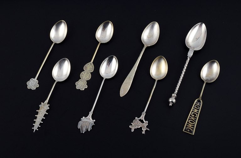 Hong Kong silver, eight spoons with different motifs.: Title:Hong Kong silver, eight spoons with different motifs. Description:Hong Kong silver, eight spoons with different motifs. 1930/40s. In excellent condition with minor signs of use. Marked. Longest 