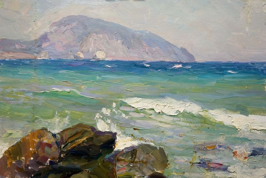 Oil painting Seascape Kolomoitsev Petr Mikhailovich: Title: Oil painting Seascape Kolomoitsev Petr Mikhailovich Description: NoVerns 299 *** ABOUT THIS PAINTING *** * TITLE: "Seascape" * ARTISTS: Kolomoitsev Petr Mikhailovich * SIZE: 24x35 cm/'9.44x13.7