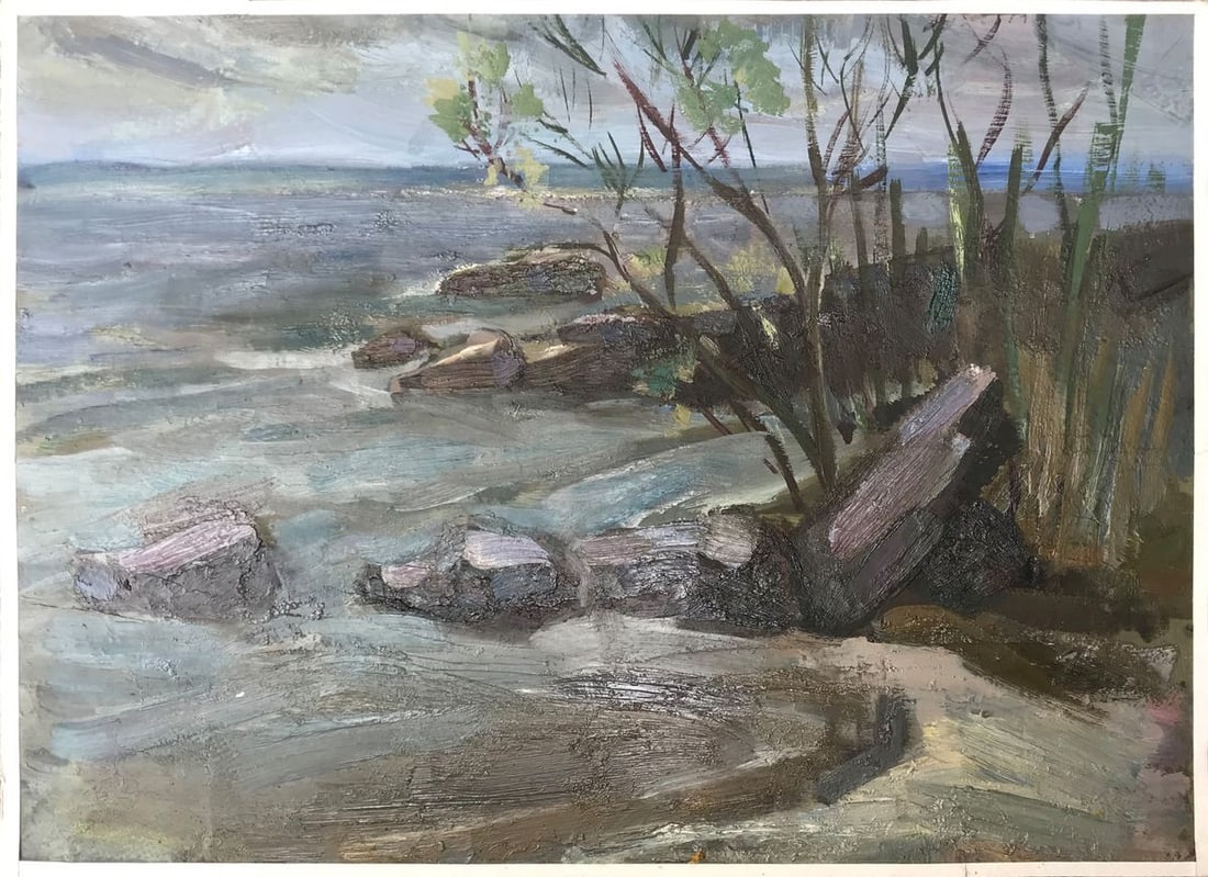 Oil painting Storm Unknown artist: Title: Oil painting Storm Unknown artist Description: NoAAA2076 This painting captures the power and magnitude of a big river in storm. The churning water, stones on the bank, and wind-blown tree conv