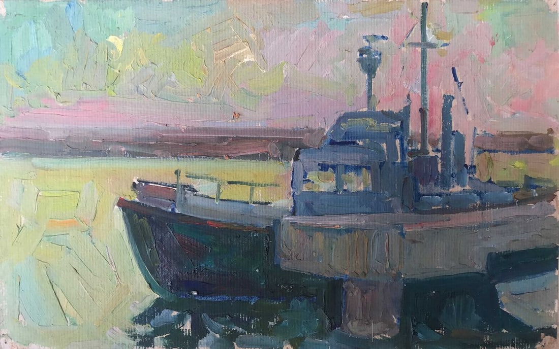 Oil painting Dawn in the sea Peter Tovpev: Title: Oil painting Dawn in the sea Peter Tovpev Description: NoAAA2219 "Dawn in the sea" is an oil painting that captures the beauty of the sea at dawn. The pier and barge are bathed in the warm glow