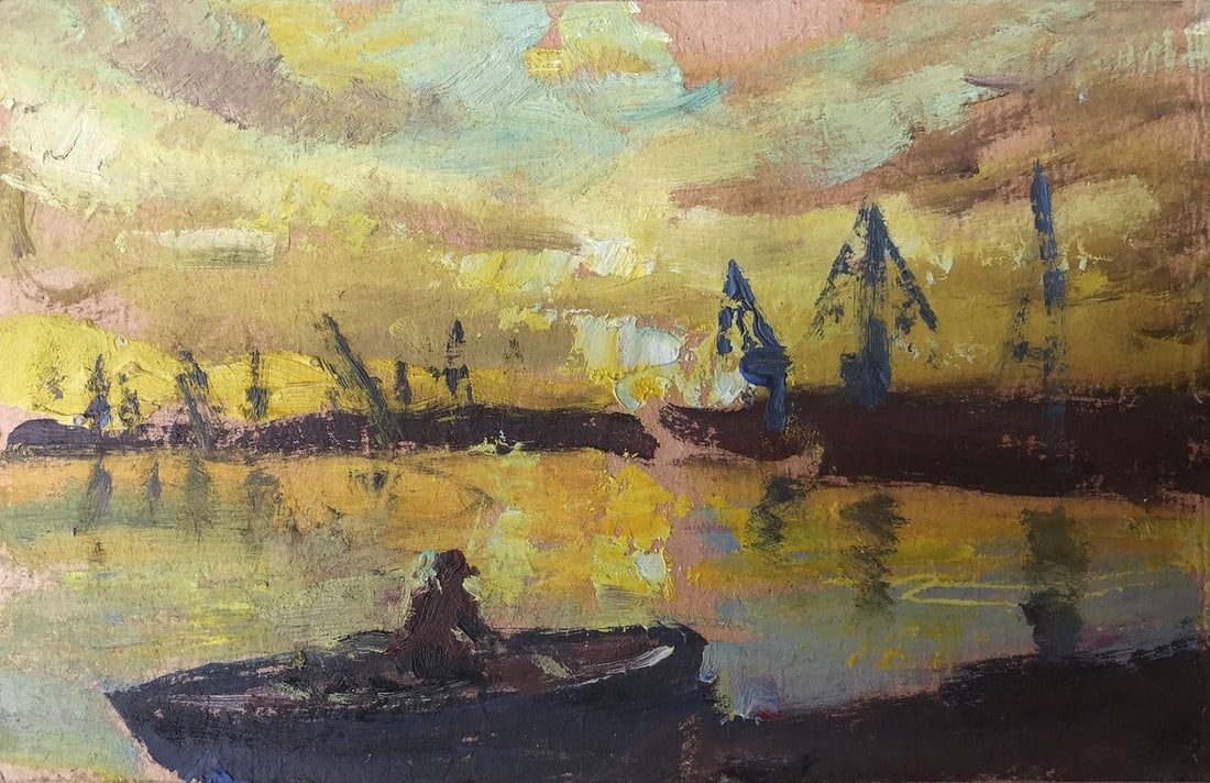 Oil painting Bright sunset Unknown artist: Title: Oil painting Bright sunset Unknown artist Description: NoAAA2306 This beautiful oil painting captures the tranquility of an evening by the river. The golden hues of the sunset are reflected in 