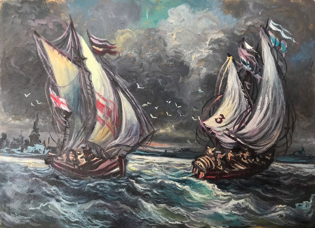Oil painting Storm at sea Alexander Arkadievich Litvinov: Title: Oil painting Storm at sea Alexander Arkadievich Litvinov Description: NoAAA2311 This oil painting depicts a raging storm at sea, with dark skies and tall waves crashing against the sailboats. I