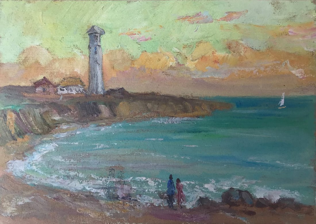 Oil painting Evening near the lighthouse Wihyrovskii Victor: Title: Oil painting Evening near the lighthouse Wihyrovskii Victor Description: NoAAA2347 "Evening near the lighthouse" is a beautiful oil painting that captures the tranquility of the sea at sunset. 