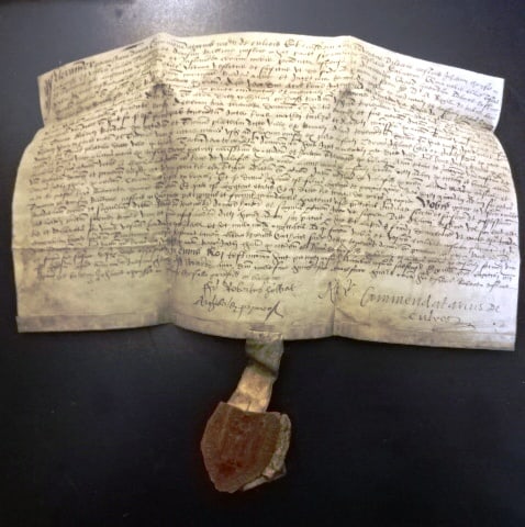 1584 Vellum Land Grant Scotland Culross: A vellum land grant dated 1584 during the reign of James VI of Scotland being the conveyance of property in Culross, possibly a Salt Pan. The grant is by Alexander Colville, Commendator of Culross