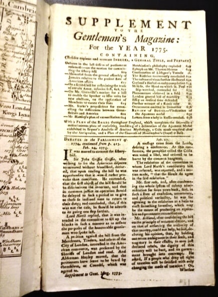 1775 Magazine Revolutionary War America: Supplement to the Gentleman's Magazine for the Year 1775, printed at London by Sylvanus Urban, 30 pages, one folding road map and one text cut illustration. Contains news on the Revolutionary War in
