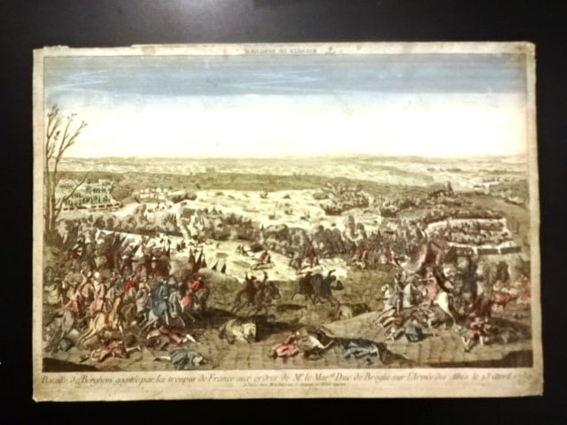 1780 Large Handcolored Military Engraving: Large Vue Du Perspective military engraving handcolored of the Batttle of Bergem in 1769, printed at Paris circa 1780 by Chez Mondhare. Very good condition, measures 17 by 12 inches Reserve: $50.00