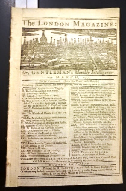 1755 London Magazine Gravity America: The March 1755 issue of The London Magazine, 48 pages and two engravings including a folding map of the County of Radnor in Wales. Content including on the effects of gravitation and on the French in