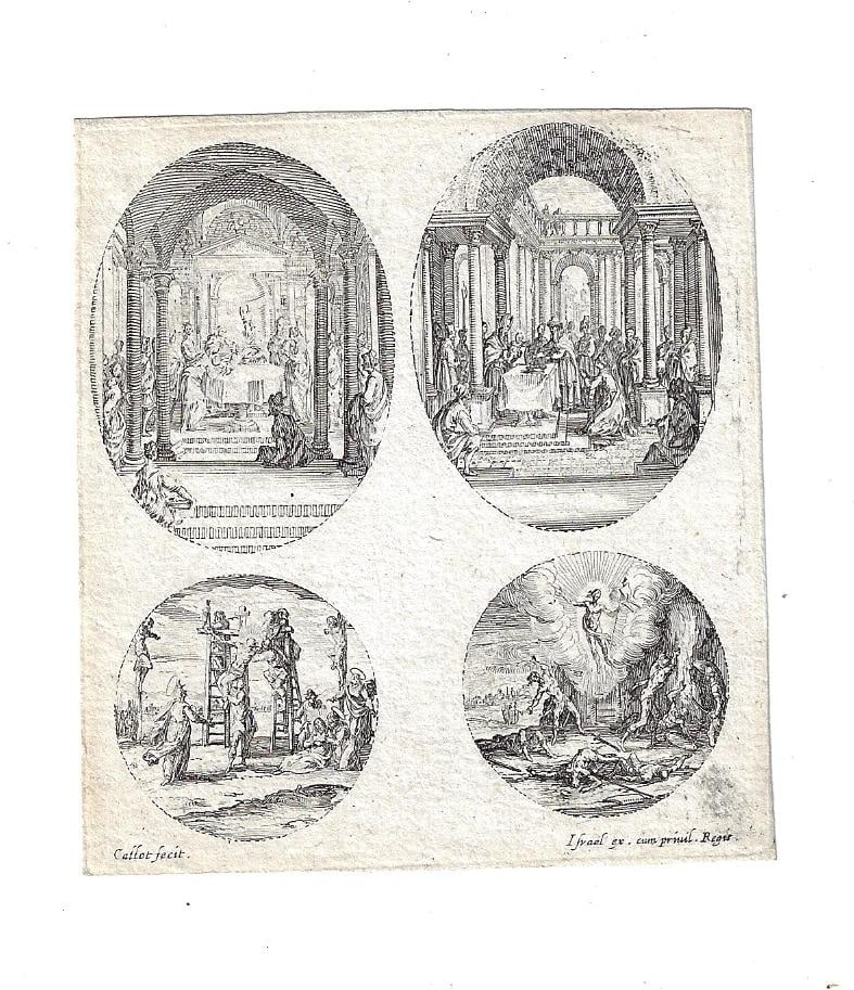 1631 Jacques Callot Engraving Mysteries Christ: Four engraving after Jacques Callot (1592-1635) by Israel Sylvestre (1621-1691) described as "Oval Medallions and Rondels, from "Variae tum Passionis Christi tum vitae beatae Mariae Virginis; Les Myst