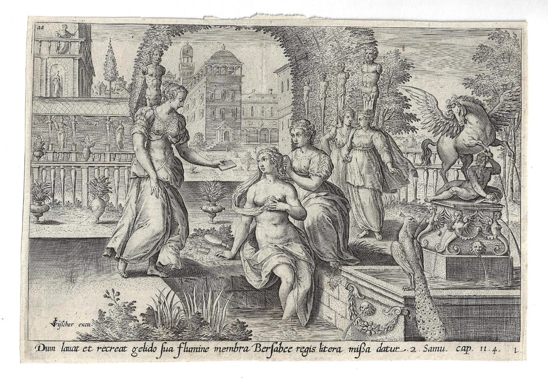 1643 Fine Engraving Collaert Visscher Bathsheba: A fine engraving of Bathsheba receiving a letter from David. After Adriaen Collaert (1560-1618) by Claes Jansz Visscher (1587-1652). Tagged to mount, Fine condition. Attached reference material on