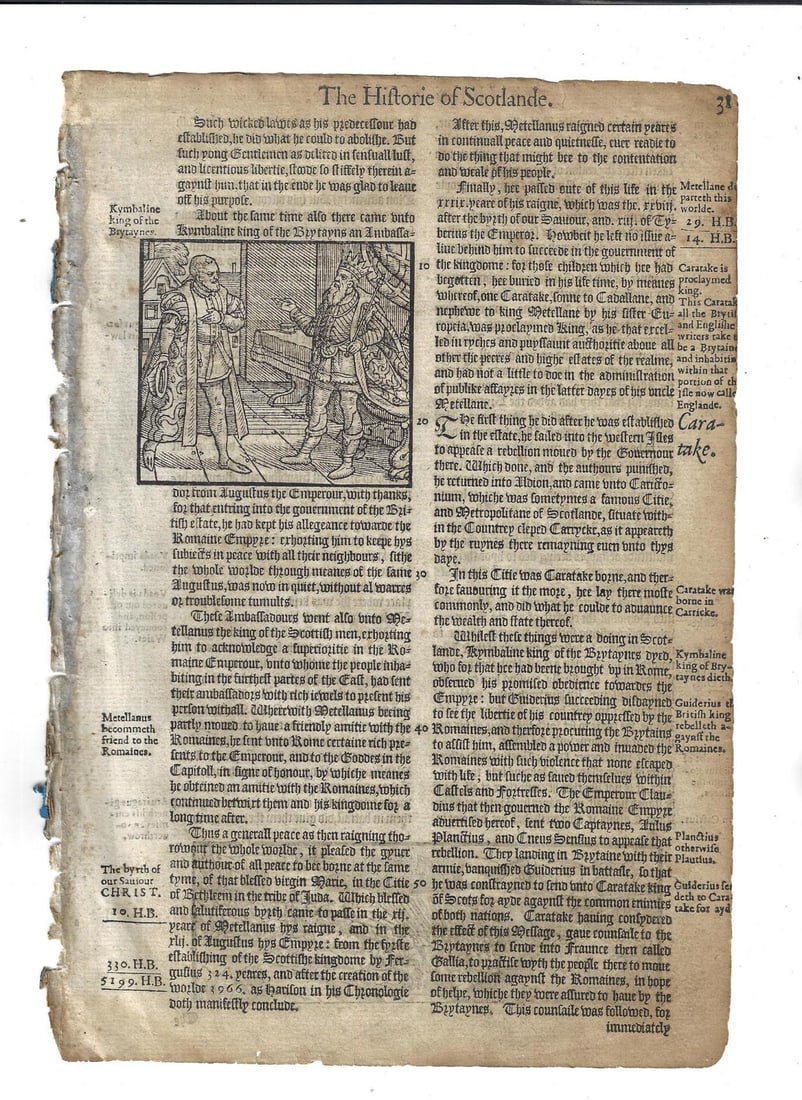 1577 Leaf Holinshed History of Scotland Woodcut: A leaf from Holinshed History of Scotland, printed at London 1577. The leaf of early history during Roman rule. Woodcuts. One each side. Very Good condition, accompanied by a color copy of the title l