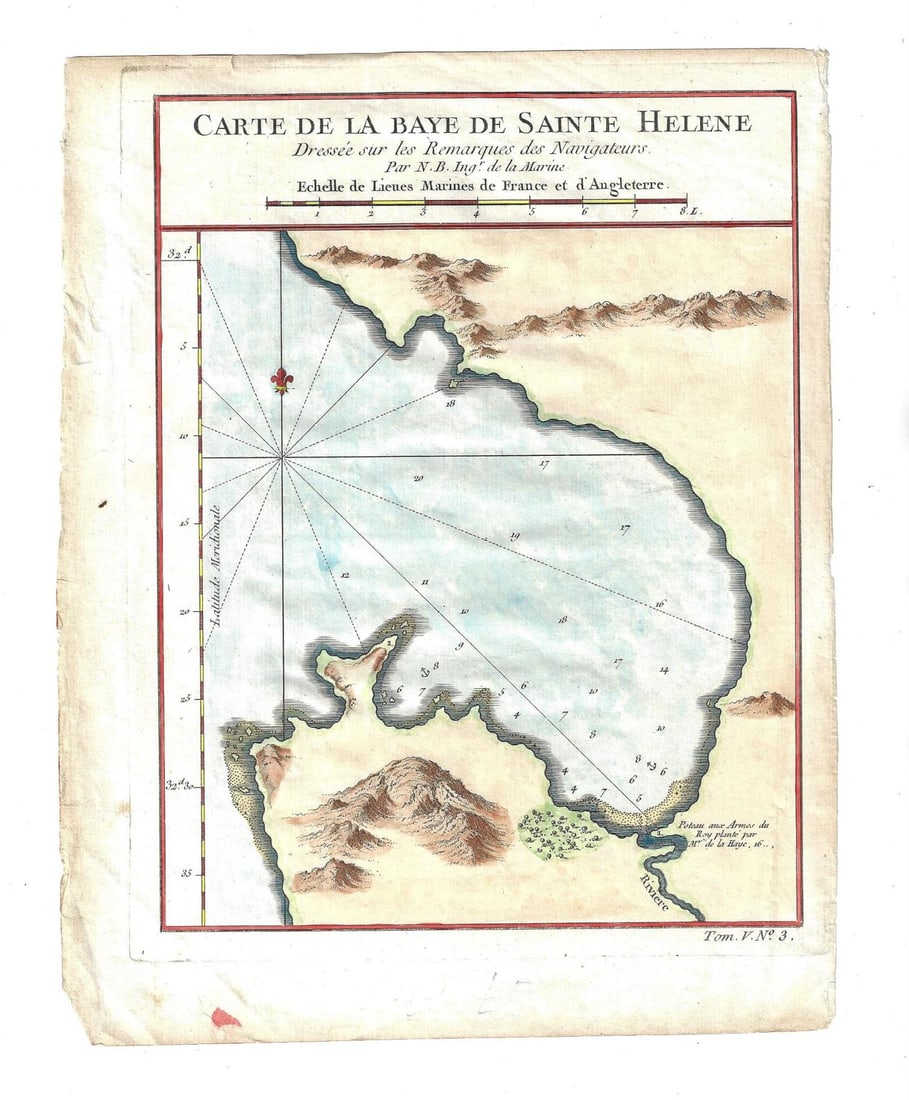 1757 Hand Colored Plan Bay of St Helena: Hand colored plan entitled "Carte de la Baye de Sainte Helene...", by Jacques Bellin, printed at Paris 1757. Details include depths within the bay. Very Good, measures 7.5 x 9.75". Reserve: $20.00 Shi