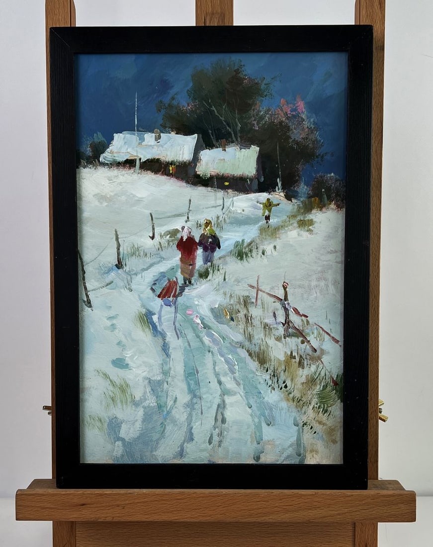 Oil painting Road to the Winter Village Yuriy Suprunchuk: Title: Oil painting Road to the Winter Village Yuriy Suprunchuk Description: No.AAA6493Oil painting Road to the Winter Village Yuriy Suprunchuk captures a quiet rural scene with remarkable sensitivity